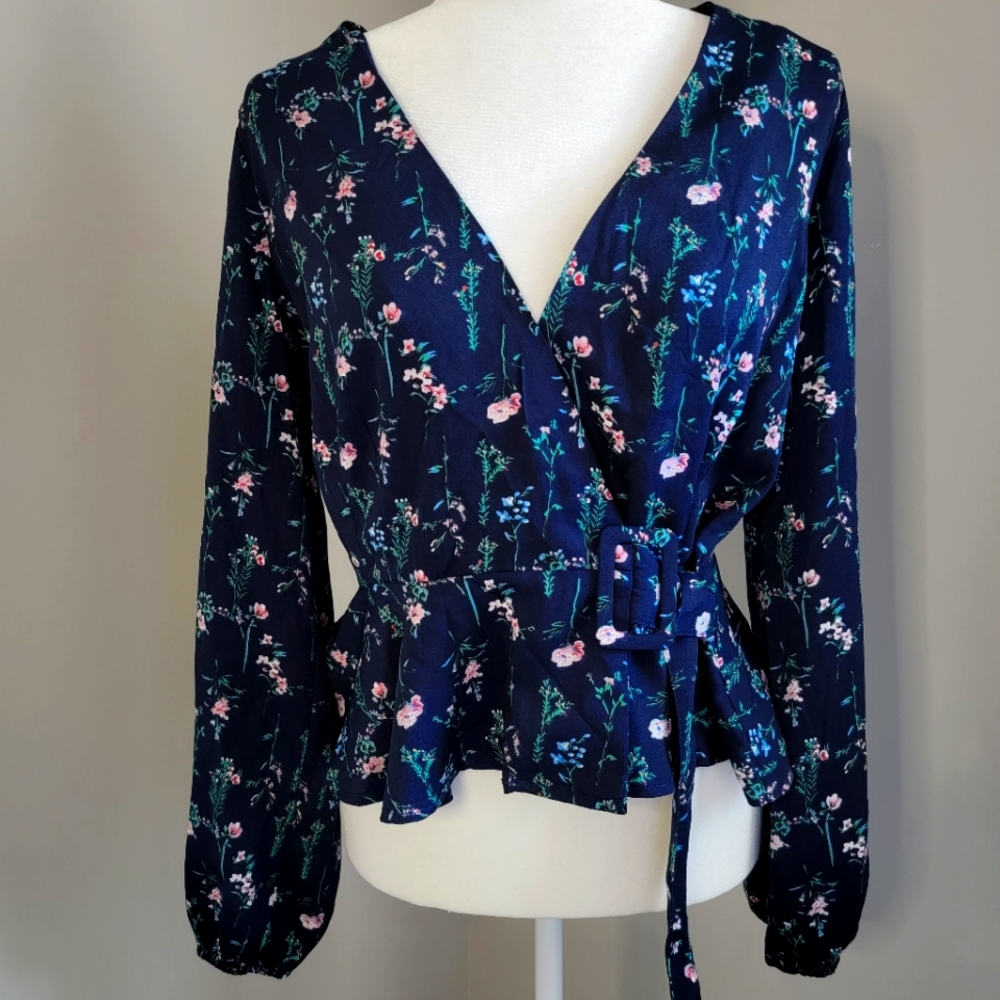 NWT Blue floral faux wrap blouse - LARGE